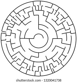 Vector illustration of an abstract circular maze. Round labirinth. Black and white pattern.