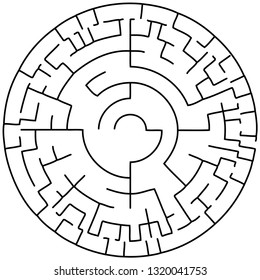 Vector illustration of an abstract circular maze. Round labirinth. Black and white pattern.