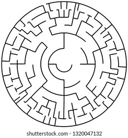 Vector illustration of an abstract circular maze. Round labirinth. Black and white pattern.