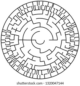 Vector illustration of an abstract circular maze. Round labirinth. Black and white pattern.