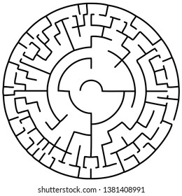 Vector illustration of an abstract circular maze. Round labirinth. Black and white pattern.