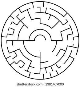 Vector illustration of an abstract circular maze. Round labirinth. Black and white pattern.