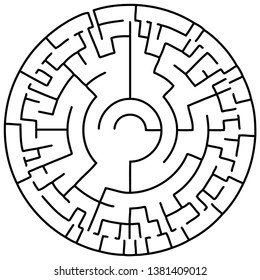Vector illustration of an abstract circular maze. Round labirinth. Black and white pattern.