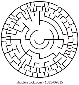 Vector illustration of an abstract circular maze. Round labirinth. Black and white pattern.