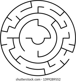 Vector illustration of an abstract circular maze. Round labirinth. Black and white pattern. Maze game.