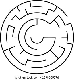 Vector illustration of an abstract circular maze. Round labirinth. Black and white pattern. Maze game.