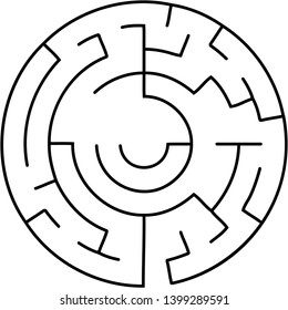 Vector illustration of an abstract circular maze. Round labirinth. Black and white pattern. Maze game.