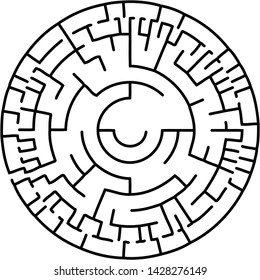 Vector illustration of an abstract circular maze. Round labirinth. Black and white pattern. Maze game.