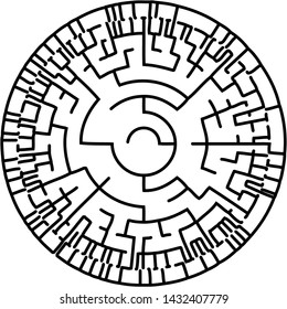 Vector illustration of an abstract circular maze. Round labirinth. Black and white pattern. Maze game.