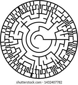 Vector illustration of an abstract circular maze. Round labirinth. Black and white pattern. Maze game.