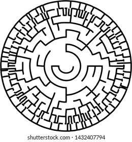 Vector illustration of an abstract circular maze. Round labirinth. Black and white pattern. Maze game.