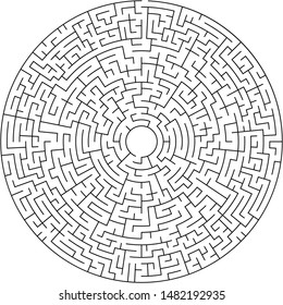 Vector illustration of an abstract circular maze. Round labirinth. Black and white pattern. Maze game.