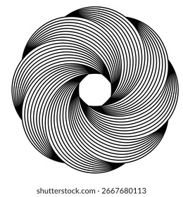 Vector illustration of abstract circular pattern with interlocking curved lines creating optical illusion effect, decorative geometric spiral, and modern graphic design element.