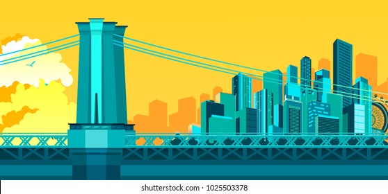 vector illustration of abstract city metropolis bridge over the river or canal