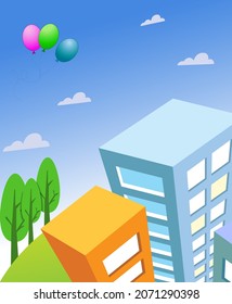 Vector illustration of an abstract city, roofs of buildings, sky and balloons