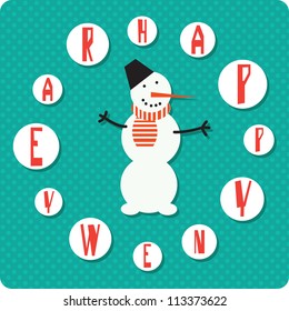 Vector illustration. Abstract clock. Snowman in the center around the letter "Happy new year"