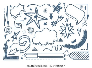 Ilustración vectorial de una colección abstracta de Formas de doodle, incluyendo estrellas, flechas, corazones y burbujas de discurso. Ideal para proyectos de diseño creativo, fondos y Elementos gráficos.