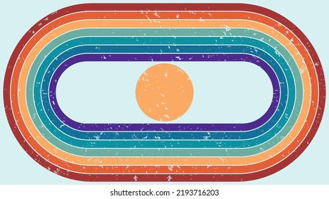 Vector illustration. Abstract color background. Contemporary modern art style. Colorful rainbow. Grunge scratched texture. Panoramic wallpaper. Clear sky with sun. Geometric lines. 50s, 70s graphic