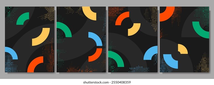 Ilustración vectorial. Conjunto de fondo de color Abstractas. Fondos de pantalla oscuros frescos con Formas semicírculos y puntos semitonos. Elementos de diseño para cartel, portada de libro, folleto, revista, folleto, folleto, diseño