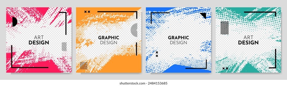 Vector illustration. Abstract color frame set. Ink brush strokes design for web banner, social media template, cove, overlay. Paint splatter and halftone dots texture. Memphis pattern frame elements