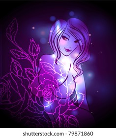 Vector illustration of Abstract color glowing background with girl