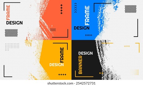 Vector illustration. Abstract color horizontal clipping mask set. Ink brush strokes design for web template, social media, cover overlay, website banner. Paint splatter with halftone dotted texture