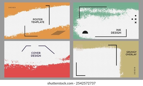 Vector illustration. Abstract color horizontal frame set. Ink brush strokes design for web template, social media, cover overlay, website banner. Paint splatter. Grainy paint texture. Graffiti style