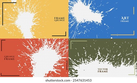 Vector illustration. Abstract color horizontal clipping mask set. Ink brush strokes design for web template, social media, cover overlay, website banner. Paint splatter with geometric frame elements