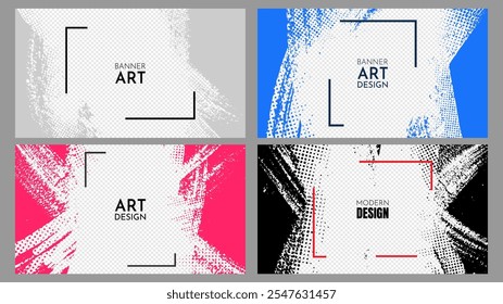 Ilustración vectorial. Conjunto de máscara de recorte Horizontal de color Abstractas. Diseño de pinceladas de tinta para Plantilla de Web, redes sociales, superposición de portada, Anuncio de Sitio web. Salpicadura de pintura con textura punteada de semitono