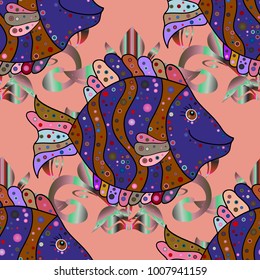 Vector illustration. Abstract Vector illustration. Color image of repeating and alternating constituent elements. Fishes on neutral, blue and brown. Decorative ornament. Seamless pattern with fish.