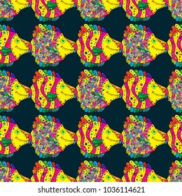 Vector illustration. Abstract Vector illustration. Color image of repeating and alternating constituent elements.Fishes on blue, yellow and magenta. Seamless pattern with fishes. Decorative ornament.