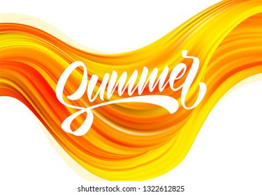 Vector illustration: Abstract colorful  flow backgroun with brush paint calligraphic lettring of Summer.