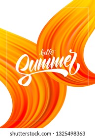 Vector illustration: Abstract colorful  flow poster background with brush lettring of Hello Summer.