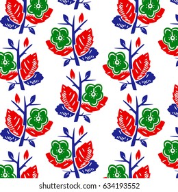 Vector illustration of abstract colorful flowers pattern. Green flower and red, blue leaves on white background.