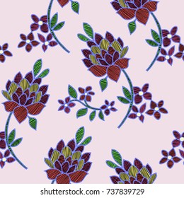 Vector illustration of abstract colorful flowers and leaves seamless pattern. Flowers and leaves with decorative lines ornament. Hand drawn.