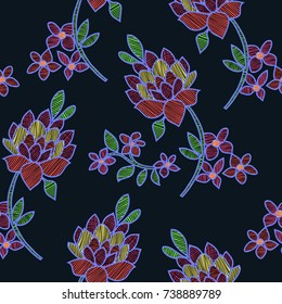 Vector illustration of abstract colorful flowers and leaves seamless pattern. Flowers and leaves made from lines on black background. Hand drawn.