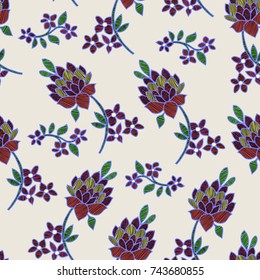 Vector illustration of abstract colorful flowers and leaves seamless pattern on light pastel background. Flowers and leaves with lines. Hand drawn.