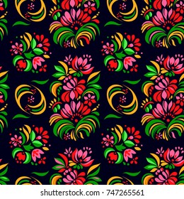 Vector illustration of abstract colorful flowers seamless pattern on black background. Hand drawn ornament.