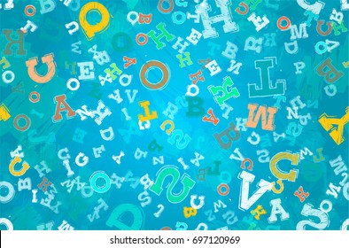 Vector illustration of abstract colorful letters on turquoise background seamless pattern.