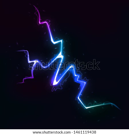 Vector Illustration of Abstract Colorful Lightning Discharge on Dark Background. Blitz Lightning Thunder Light Sparks Storm Flash Thunderstorm. Power Energy Charge Thunder Shock