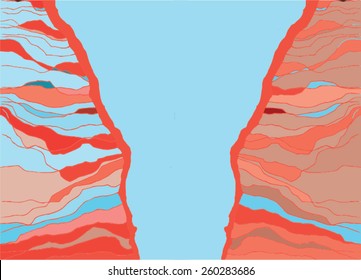 Vector illustration of abstract colorful pastel lines drawing. River, land, mountains, sediment, earth, petrified earth. Your text would fit very well in the middle of image.