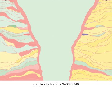 Vector illustration of abstract colorful pastel lines drawing. River, land, mountains, sediment, earth, petrified earth. Your text would fit very well in the middle of image.