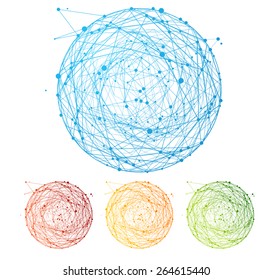 Vector illustration abstract colorful sphere set isolated on white background. Round composition of the molecular lattice. Information interoperability concept. Flat Design 