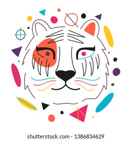 Vector illustration with abstract colorful tiger head with yellow, orange, blue, pink and purple geometric elements. Futuristic trendy apparel print design, home decoration poster with wild animal