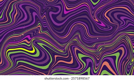 Vector illustration. Abstract colorful waves with psychedelic wavy lines. Multicolored marble texture. Liquid distortion for web banners, horizontal wallpapers, or groovy backgrounds