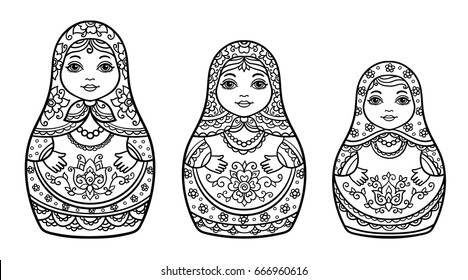 vector illustration, abstract, coloring book, set,  traditional Russian doll, floral ornament