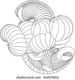 Vector illustration of an abstract complex structure consisting of geometric shapes on a white background. Suitable as a template for a coloring book