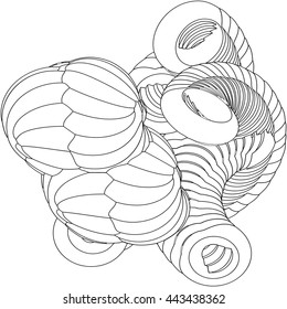 Vector illustration of an abstract complex structure consisting of geometric shapes on a white background. Suitable as a template for a coloring book