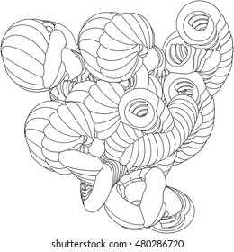 Vector illustration of an abstract complex structure consisting of geometric shapes on a white background. Suitable as a template for a coloring book