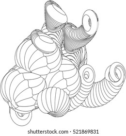 Vector illustration of an abstract complex structure consisting of geometric shapes on a white background. Suitable as a template for a coloring book